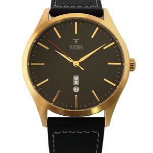 FUZUKA GOLD BLACK LEATHER STRAP UNISEX WATCH